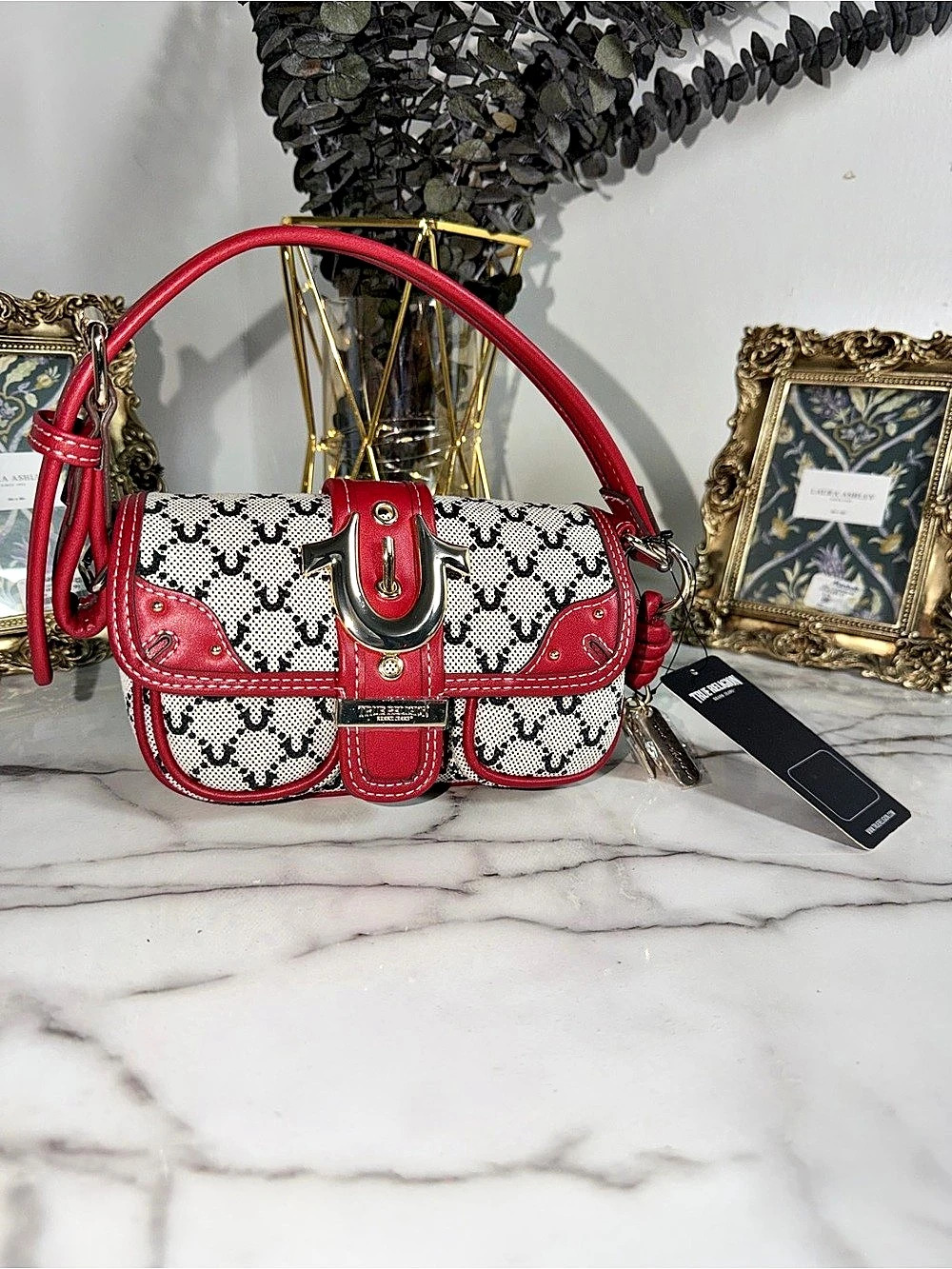 True Religion Signature Horseshoe Mini Shoulder Bag Red & White